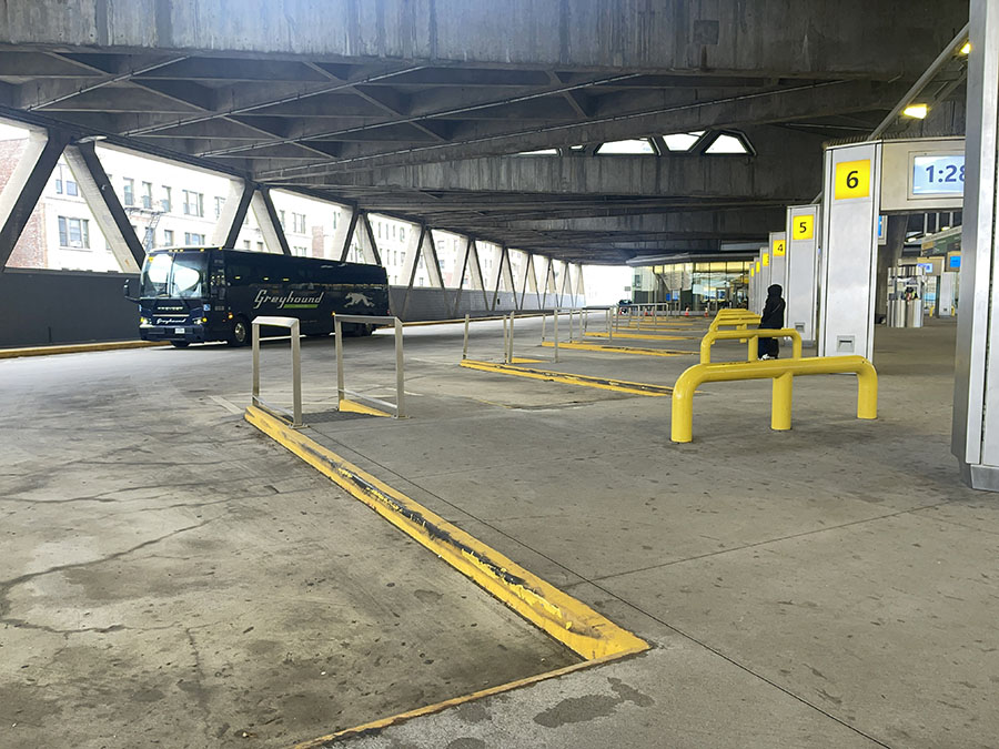 Bus Arriving at an Elevated Bus Terminal.